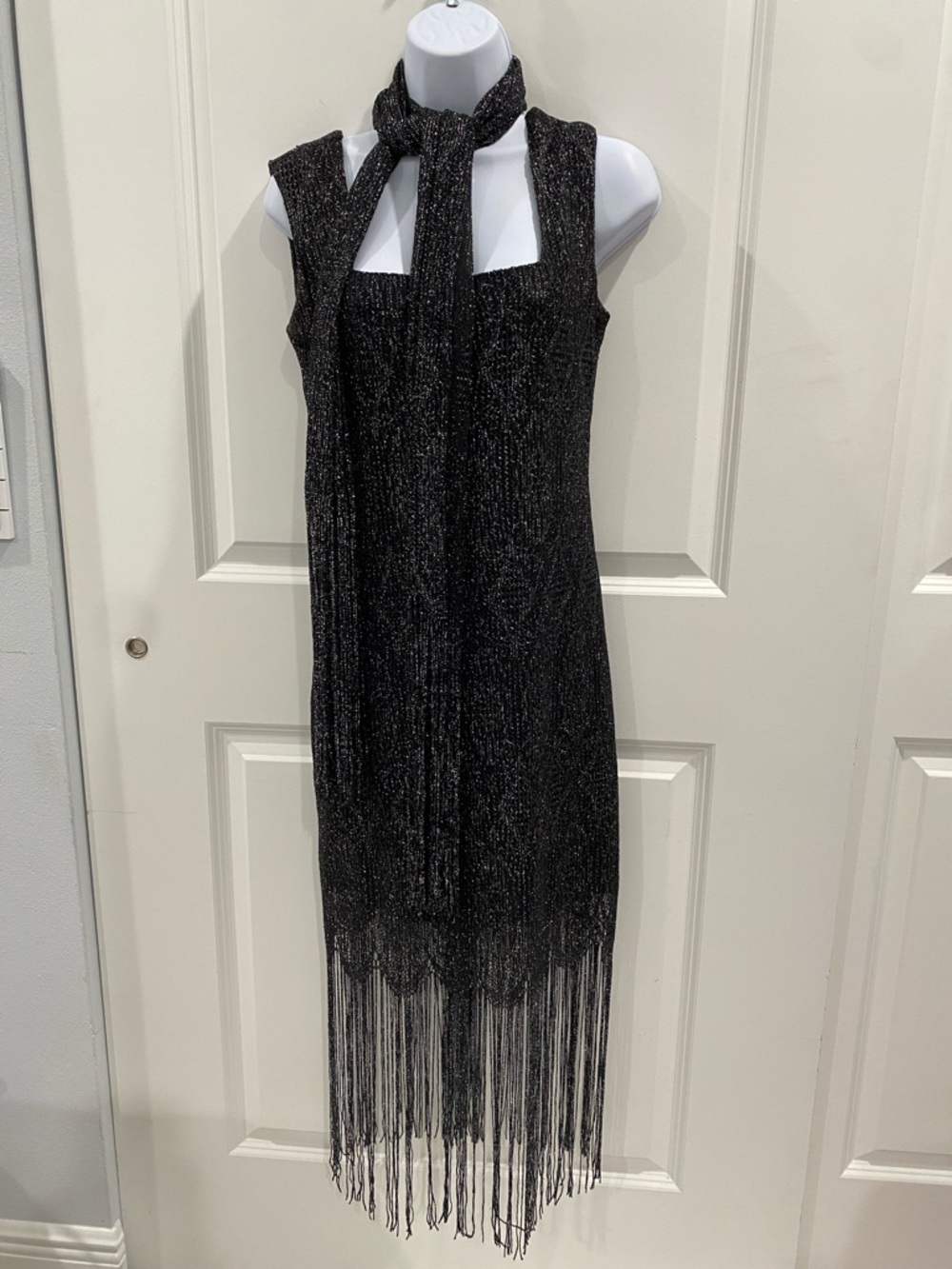 Onyx Nite Sparkly Metallic Black Cocktail Dress With Scalloped Fringe Hem Size 4 - Picture 4 of 17